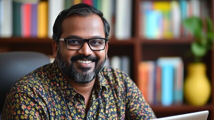 Smiling indian business man working on laptop at home office. Young indian student or remote teacher using computer remote studying, virtual training, watching online education webinar at home office.