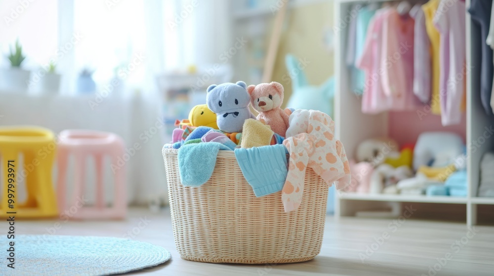 Poster brightly lit room showcases a laundry basket brimming with colorful kids’ clothes and soft toys, cre