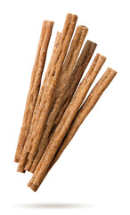Pet food sticks flying on a white background. Isolated