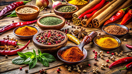 Fototapeta premium Various spices, herbs, and dried chilies are artfully arranged on a wooden table, highlighting their rich colors and textures, perfect for culinary enthusiasts and food lovers