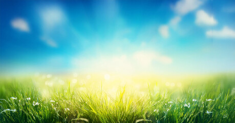 Fresh spring blue sunny sky background with a blurred, warm and sunny glow.