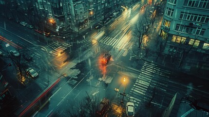 Noir city intersection from a bird's-eye view dark streets lit by dim traffic lights reflections on wet pavement vintage film style,