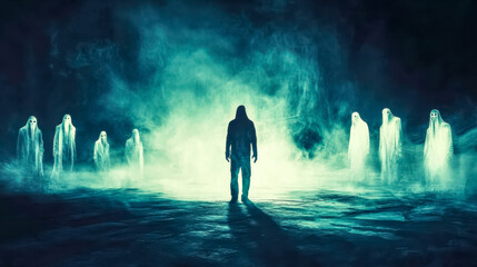 Man standing confronting ghosts in foggy landscape