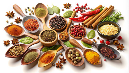 A vibrant selection of spices and herbs is artistically arranged on wooden spoons, showcasing various colors, textures, and shapes. Chilies, leaves, and whole spices add to the visual appeal