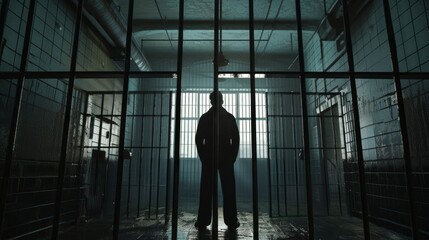 A man stands in front of a cell door in a dark room