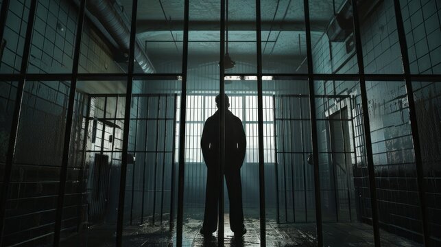 A man stands in front of a cell door in a dark room - Powered by Adobe