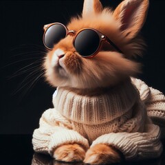 A cool rabbit wearing sunglasses and sweater, isolated on solid dark background
