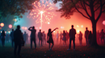 Silhouettes of spectators at a holiday concert or festival with fireworks at night in a city park