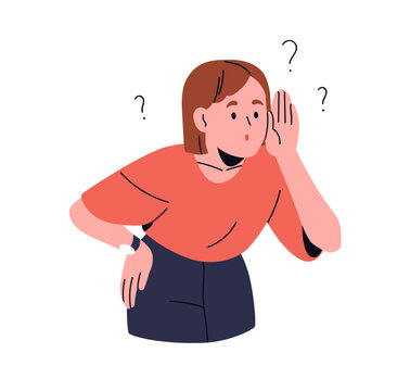 Confused woman questioning with puzzled face expression. Curious surprised amazed female character in confusion, asking, listening, wondering. Flat vector illustration isolated on white background