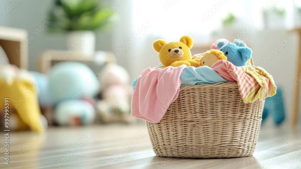 Aufkleber brightly lit room features a laundry basket overflowing with vibrant children's clothing and cuddly 