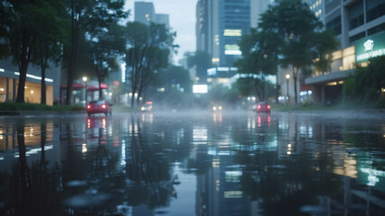 Naklejka premium Empty street with bright glares from street lamps and cars