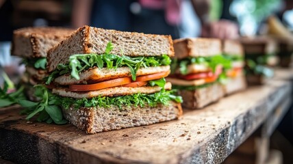 Fresh sandwiches stacked on a wooden table in a casual dining setting.