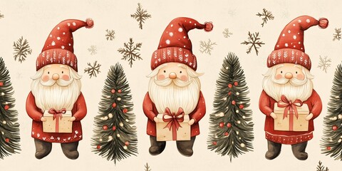 Adorable illustration of three Christmas gnomes dressed in red, each holding a gift wrapped with a bow. 