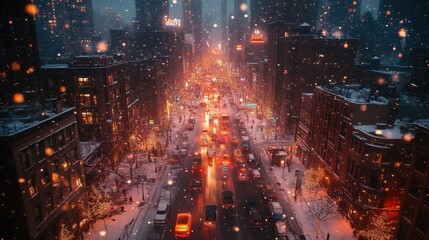 Fototapeta premium Glowing Snowy Futuristic Cityscape: Drone Christmas Presents Delivery at Night with DJI Mavic Air 2 Aerial View