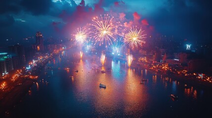 Obraz premium Illuminated Skyline: New Year 2025 Futuristic Fireworks Display Over Coastal City with Vivid Blue Tones, Aerial Shot by DJI Mavic Air 2