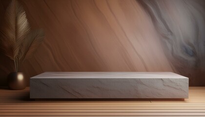 Studio with podium for product presentation. Empty floor and white wall with stand. 3D room with gradient background. Countertop with concrete or marble texture. empty wooden shelf on wall