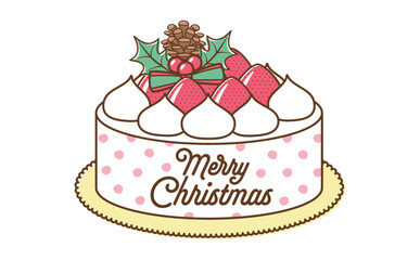 ホールのクリスマスケーキのポップでかわいいイラスト素材_おしゃれなクリスマスパーティーイメージ