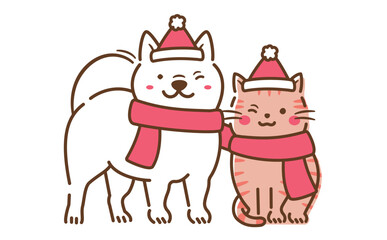 笑顔で笑う犬猫のおすわりしているかわいい全身のペットイラスト_冬、クリスマスパーティー中の2匹