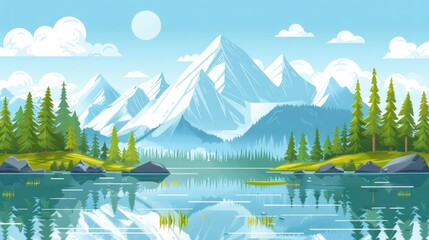 Serene Mountain Lake Landscape with Lush Pine Trees