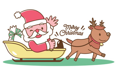 ソリに乗ったサンタクロースとトナカイの子どもかわいいクリスマスイラスト_可愛い手描きベクター素材