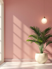 A single potted palm tree sits in a bright pink room with a single lightbulb hanging from the ceiling.