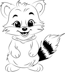 Cute racoon  cartoon character coloring page. Animal,  colouring page for kids