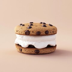 A delicious chocolate chip cookie sandwich filled with creamy vanilla ice cream, set against a soft, neutral background.
