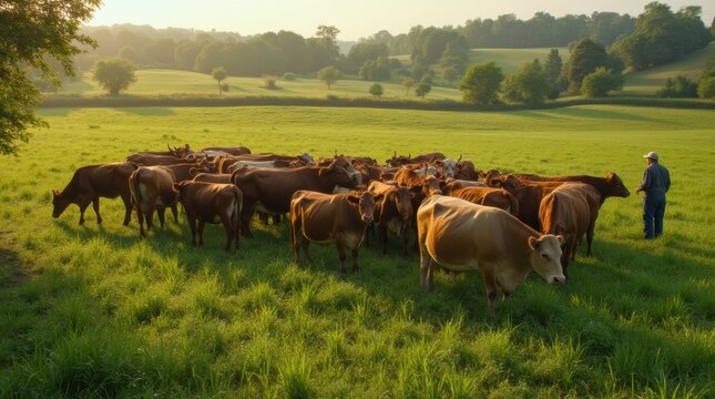 A herd of cattle engaged in rotational grazing on a verdant farm at sunset, demonstrating regenerative agriculture practices