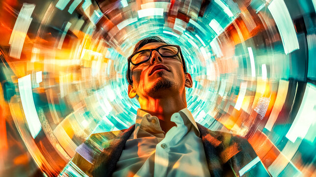 Businessman experiencing sensory overload from information flow