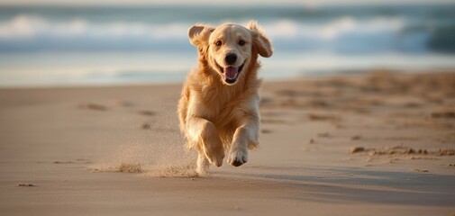 Golden retriever running on the beach during sunset, joyful expression, action shot.