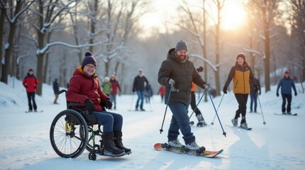 A joyful group of individuals with disabilities engaging in winter activities at a snowy park during a sunny afternoon