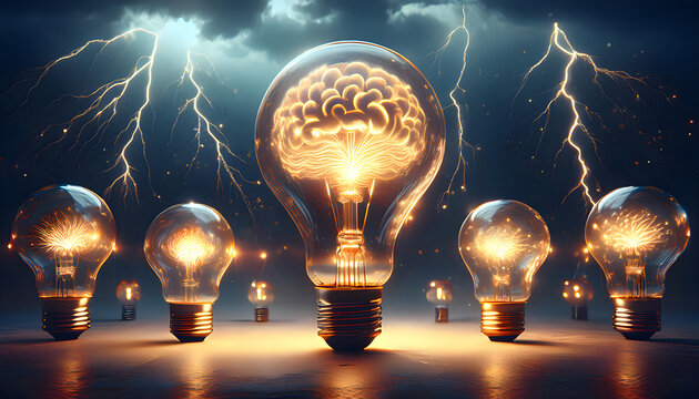 Glowing light bulbs depicting brainstorming concepts with lightning.