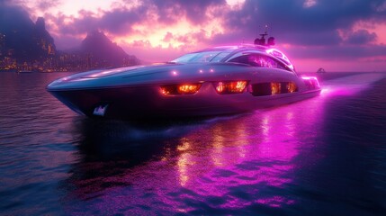 Futuristic New Year 2025 Yacht Party: High-Tech Design and Vibrant Lighting on Water captured with Sony A7S III for a Cinematic Experience