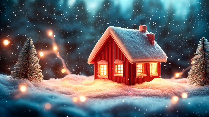 Christmas House in Winter Snowy Forest &ndash; Holiday Ornament Decoration