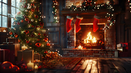 Fototapeta premium Beautiful bright Christmas background with copy space. AI Generated