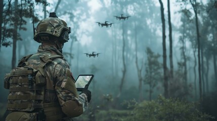 Fototapeta premium A man in camouflage gear is looking at a tablet while three drones fly overhead