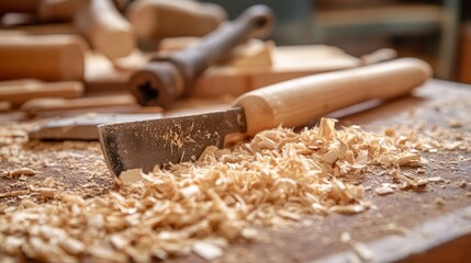Use wood shavings as a chisel. Hand tools used by a carpenter and cabinet maker on a workstation.