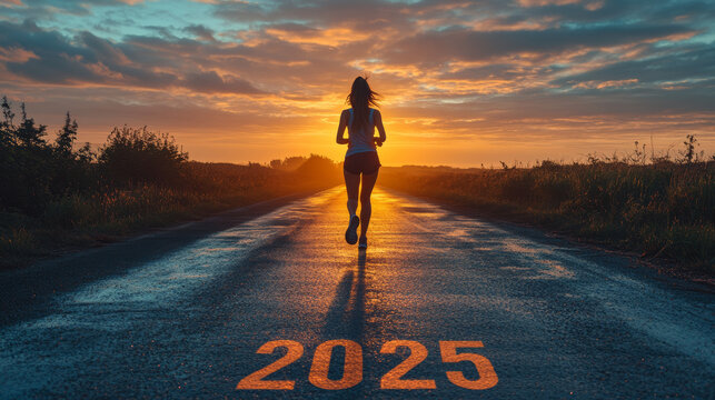 A female runner in a starting position along a sunlit road at sunset, marking the beginning of an inspiring journey in 2025