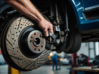 Obraz premium A close-up shot of a car's brake pads being replaced by a mechanic.