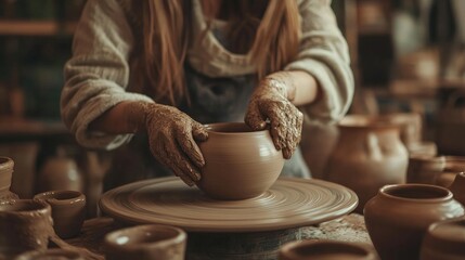 A skilled potter is at work on her wheel. ceramics studio. up close.
