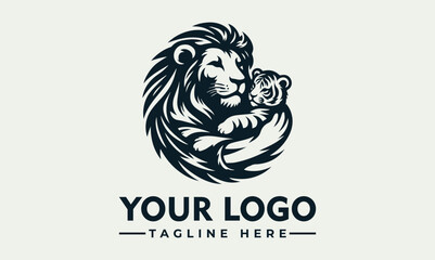 Lion holding baby tiger vector logo protective, Lion protecting baby tiger in monochrome, evoking care and safety. Suitable for parental themes in design, print, and branding projects.