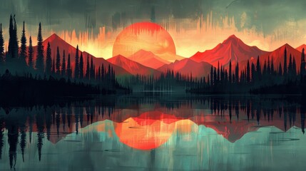 Obraz premium Digital Sunset Over Mountain Lake