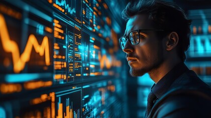 Visual portrayal of a quantitative developer solving complex data-driven business problems. data migration. Ultra realistic. Photorealistic