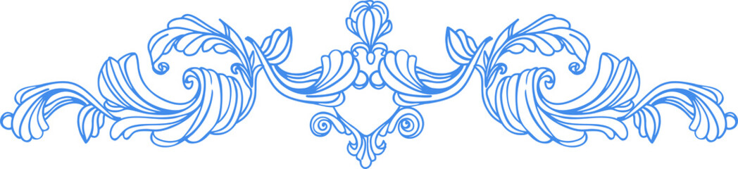 Composition of elegant botanical elements on a Victorian theme. Thin outline graphic elements in blue on white background. Digital illustration for covers, branding, wedding design.