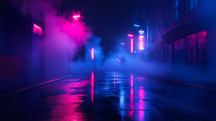 Fototapeta premium Mroczna ulica nocą, na której mokry asfalt odbija intensywne neonowe światła, tworzy surrealistyczny pejzaż.