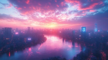 Fototapeta premium Futuristic Cityscape with Holographic New Year Messages Illuminating Twilight Skies - Aerial View with DJI Mavic Air 2