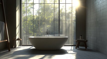 Fototapeta premium A modern bathroom with a freestanding bathtub in front of a large window with sun rays streaming in.
