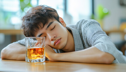 Young man sleeping at bar counter after drinking alcohol