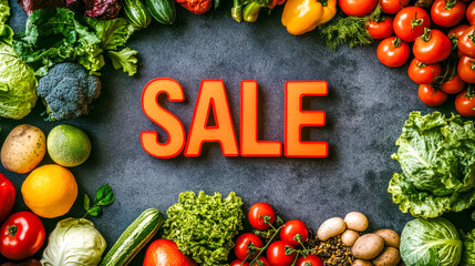 Fresh vegetables and fruits surrounding sale sign on table