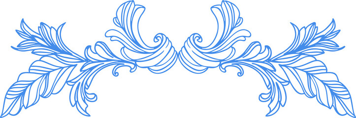 Composition of elegant botanical elements on a Victorian theme. Thin outline graphic elements in blue on white background. Digital illustration for covers, branding, wedding design.